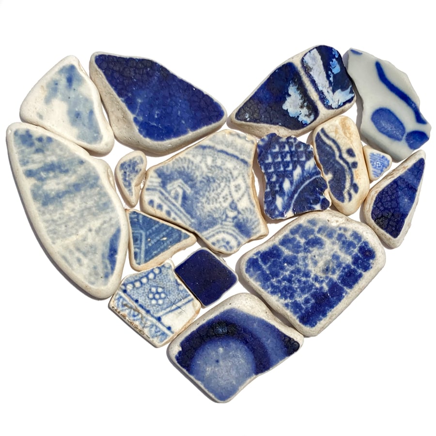 Blue Sea Pottery Heart Mosaic. Framed Antique Beach China Pebble Wall Art 