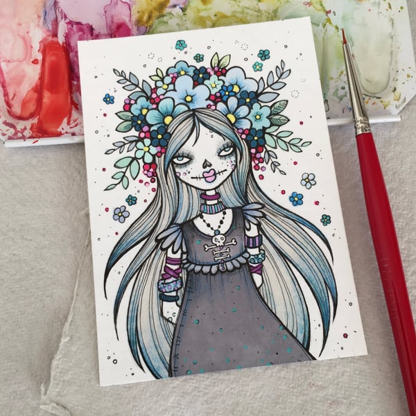 floral winter witch - original aceo 