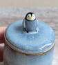 Small handmade ceramic lidded pot with baby penguin, blue glaze - Image 3