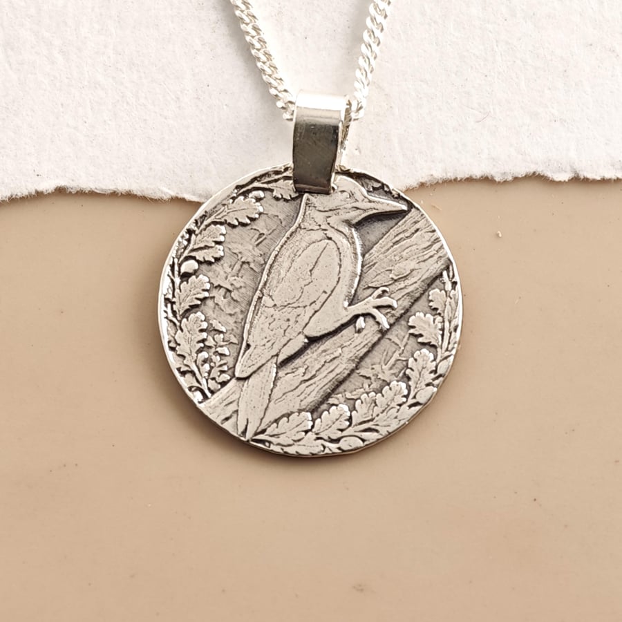 Woodpecker Engraved Sterling Silver Coin Necklace
