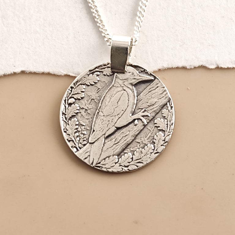 Woodpecker Engraved Sterling Silver Coin Necklace