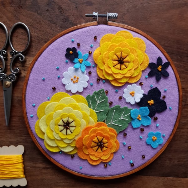 Colourful, Layered Felt Garden flowers with hand embroidery -  wall decoration 