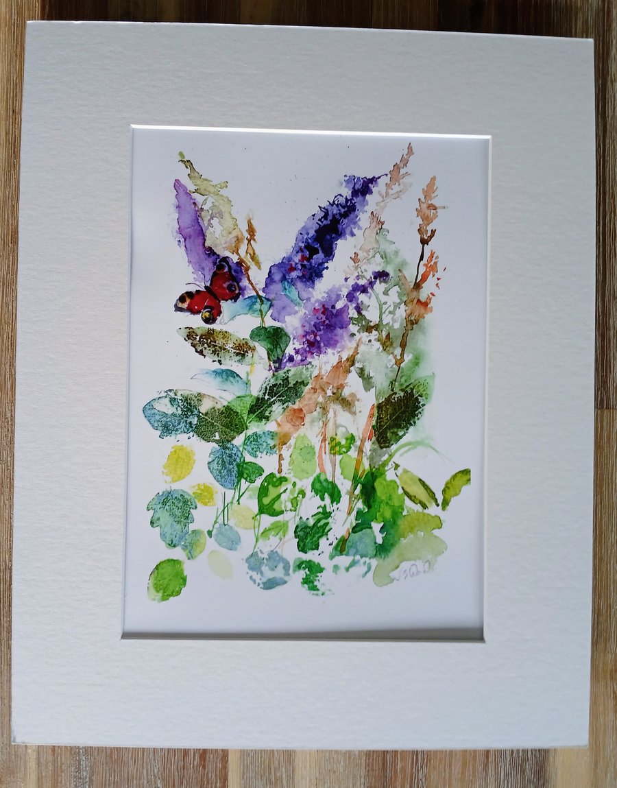 Peacock Butterfly and wild flowers  Watercolour painting  Signed Print