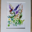 Peacock Butterfly and wild flowers  Watercolour painting  Signed Print
