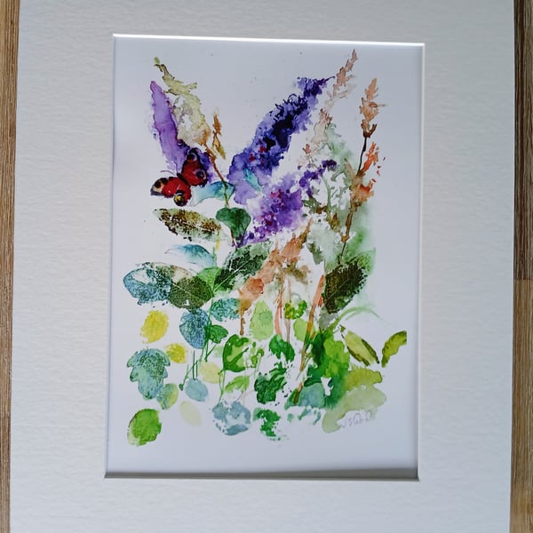 Peacock Butterfly and wild flowers  Watercolour painting  Signed Print