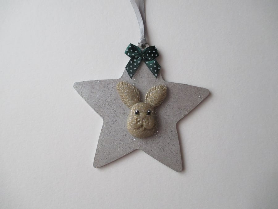 Bunny Rabbit Star Hanging Decoration Silver Wood Wooden Glittery Green Bow