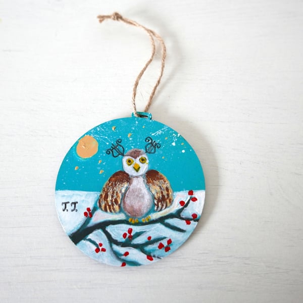 Owl Decoration, Winter Landscape Painting, Christmas Decoration. Turquoise