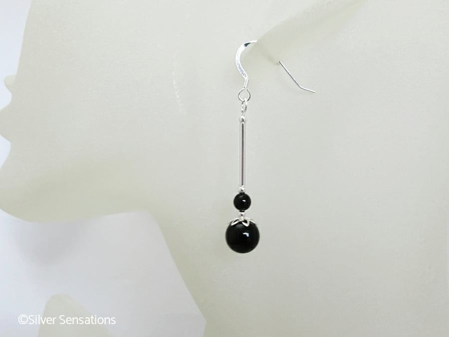 Elegant Jet Black Onyx Beaded Earrings With Sterling Silver Tubes