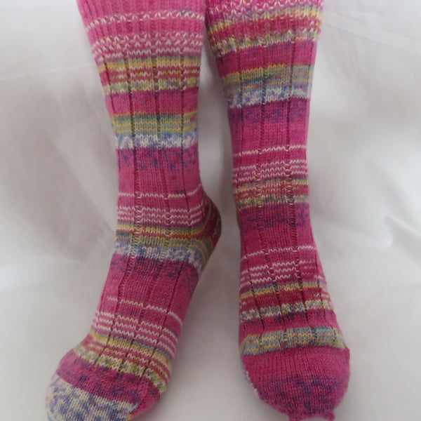 Hand-cranked Knitted Ribbed Wool Socks Size 4 to 5 mismatched