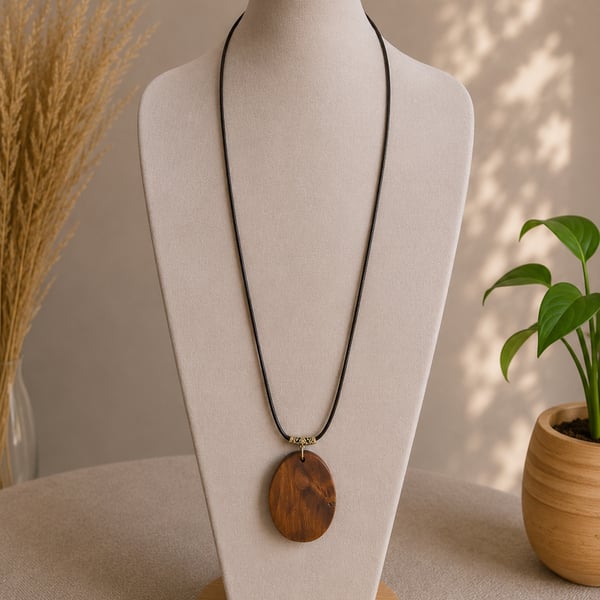 Oval wood silver long pendant statement necklace on leather cord wood jewellery