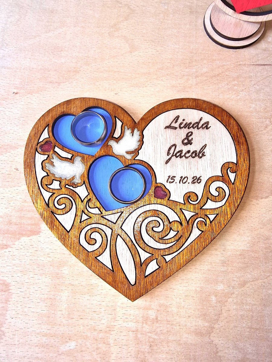 Personalised Wooden Wedding Ring Tray - Laser Cut Epoxy Resin - Unique Wedding