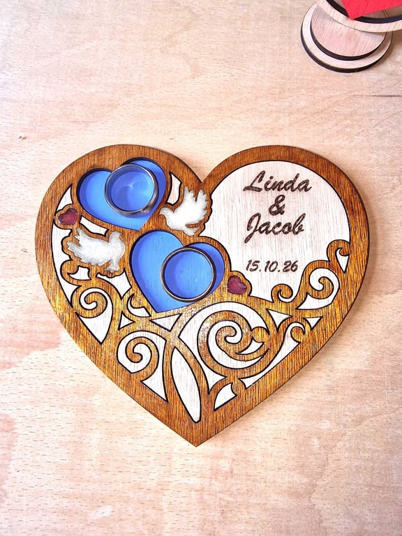 Personalised Wooden Wedding Ring Tray - Laser Cut Epoxy Resin - Unique Wedding
