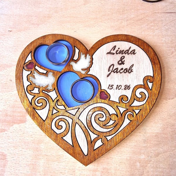 Personalised Wooden Wedding Ring Tray - Laser Cut Epoxy Resin - Unique Wedding