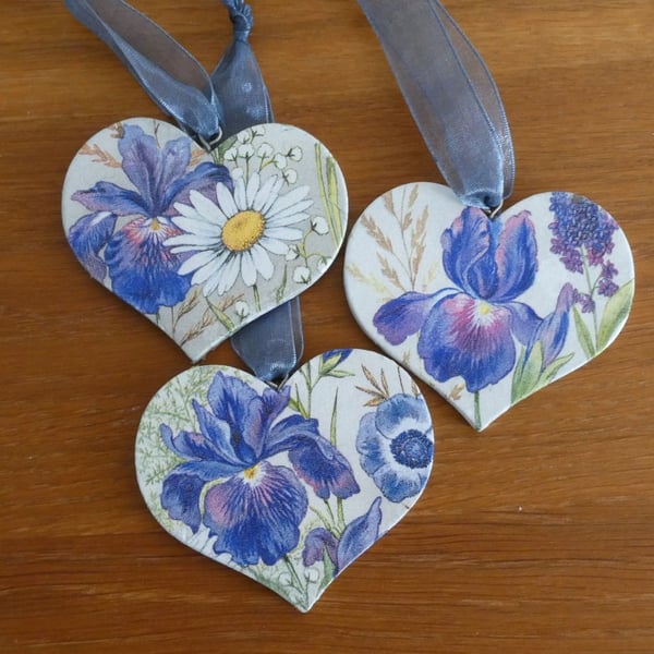 Seconds Sunday - Set of 3 Hanging Hearts - Irises