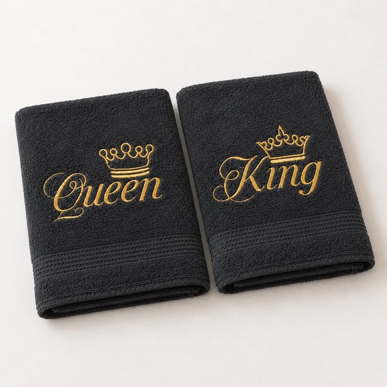 King & Queen Embroidered Hand Towel Set – Black & Gold