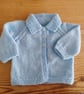 Handmade blue baby cardigan with collar age 0-3 months.