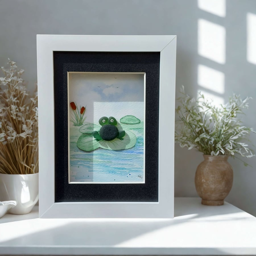 Sea Glass Frog Picture, Quirky Handmade Frog Art, One-of-a-Kind Nature Gift