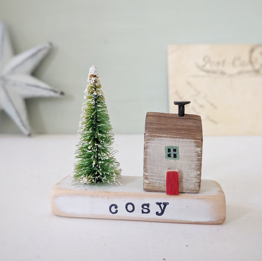 Little Wooden Handmade House in a Bag with Christmas Tree Cosy
