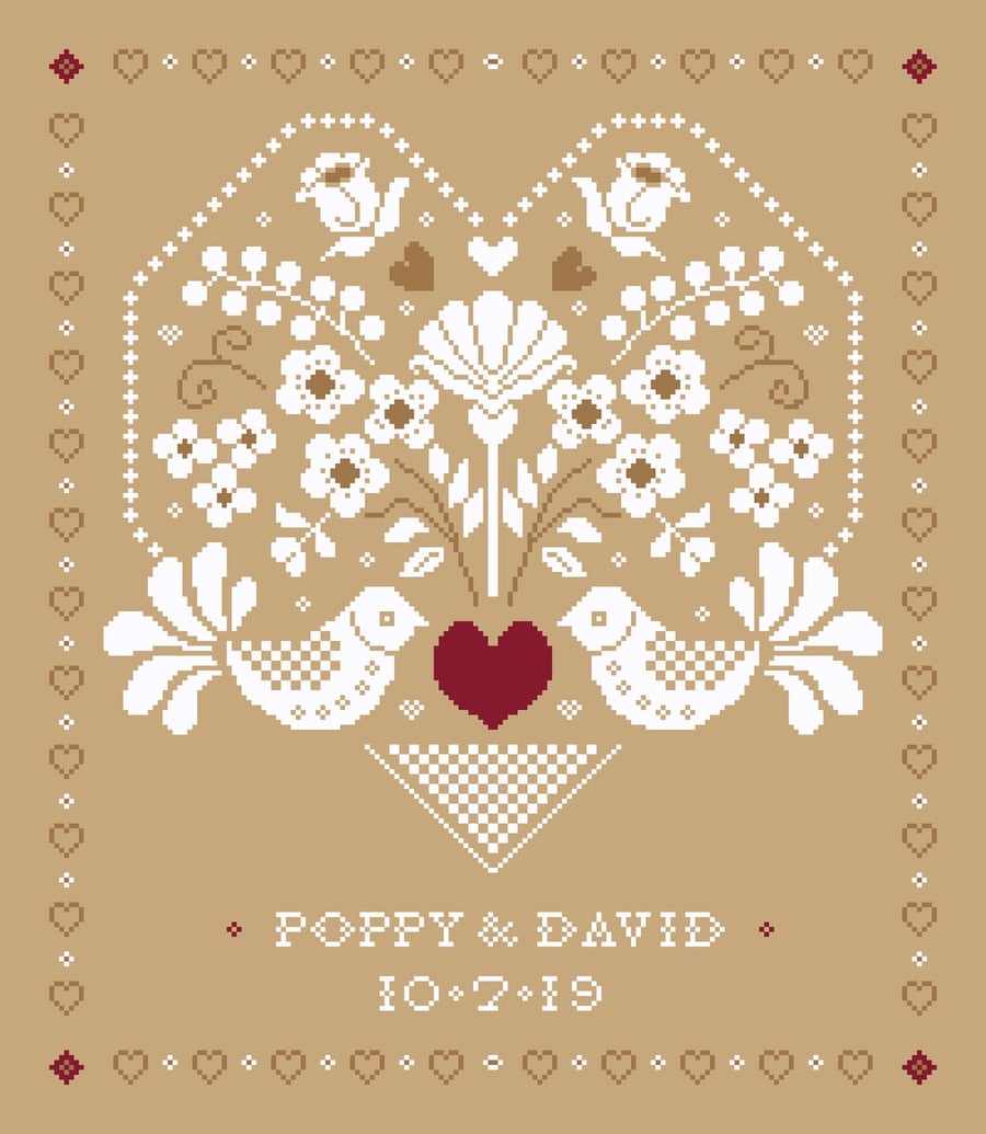 047B - Wedding Sampler (Personalised) Folk Art Love Birds - Cross Stitch Pattern