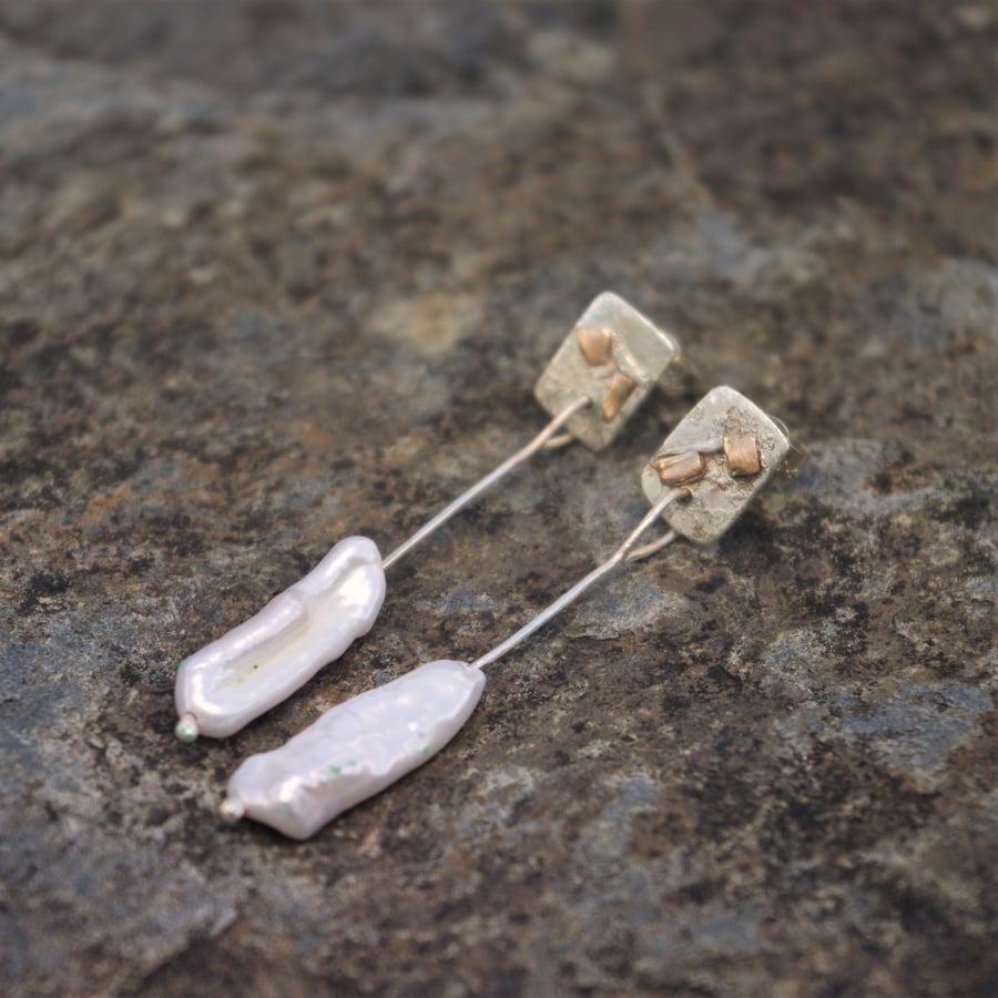  Silver and Gold Textured Stud Earrings with Biwa Freshwater Pearl Drop