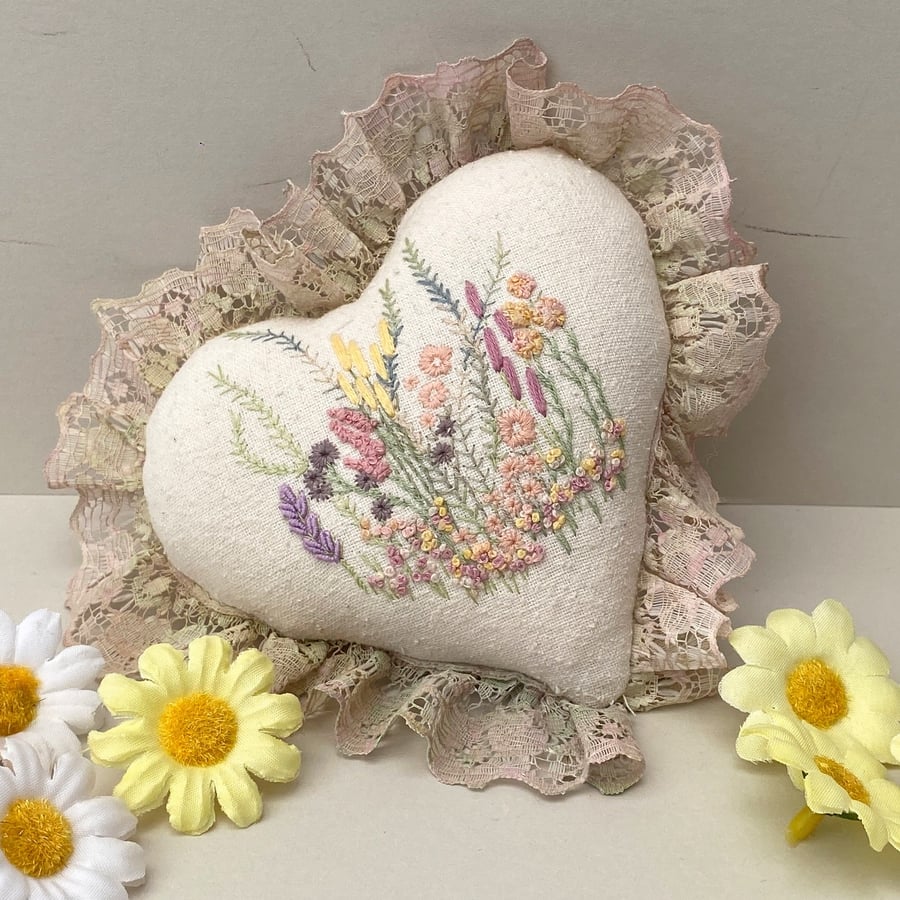Hand embroidered heart, nostalgic stuffed heart, wedding gifts, wall decor 