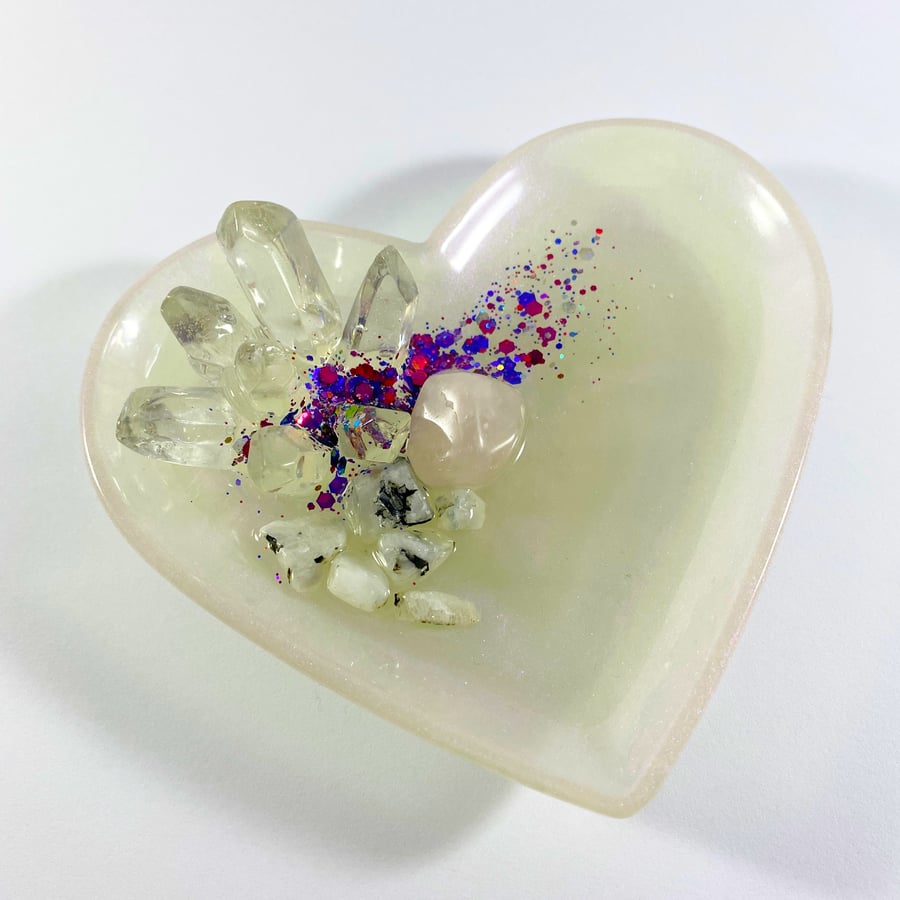 Resin, Rose Quartz & Rainbow Moonstone Heart Jewellery Trinket Dish