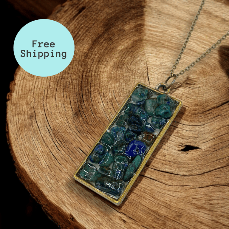  Chrysocolla Antique Brass Rectangle Worry Stone Necklace - Free Postage