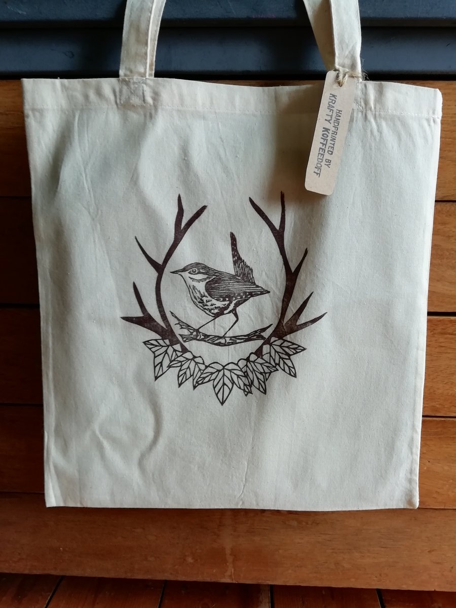 Handprinted 'King of Birds' Wren Tote Bag