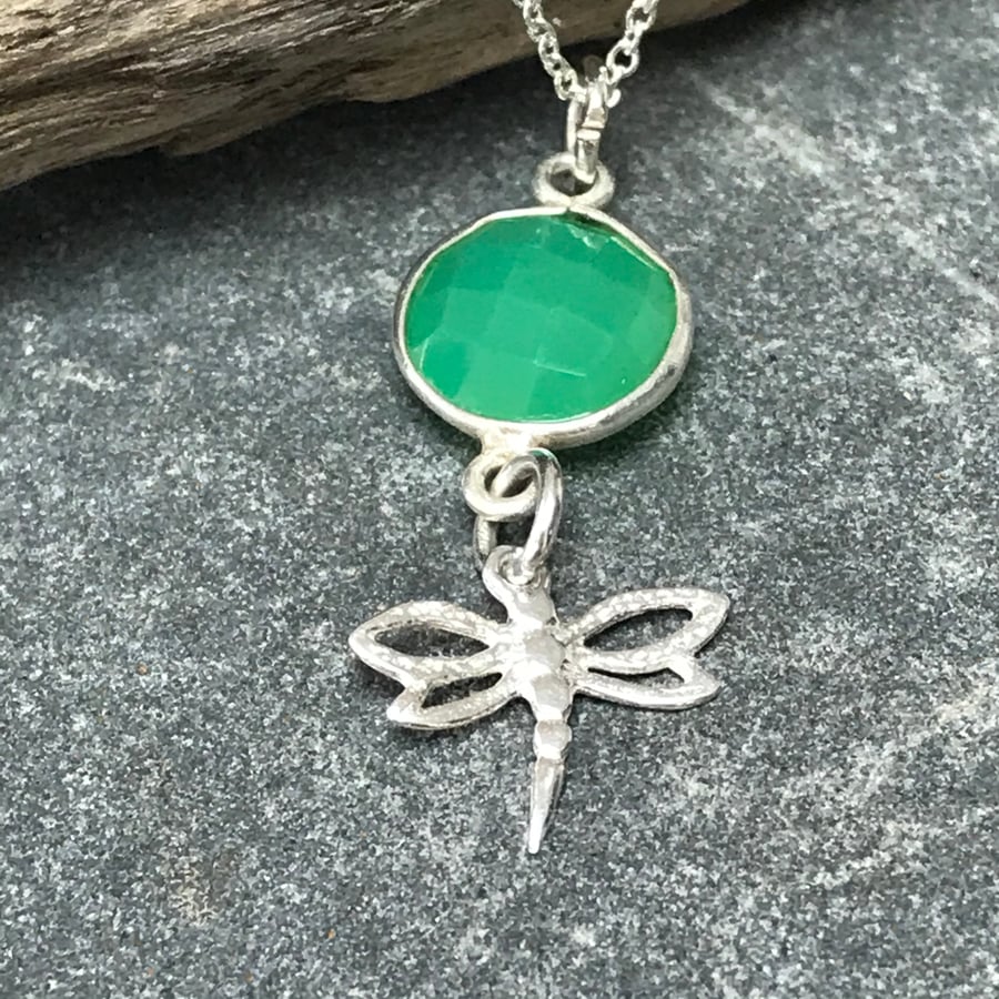 Sterling silver dragonfly sea green chrysoprase gemstone necklace