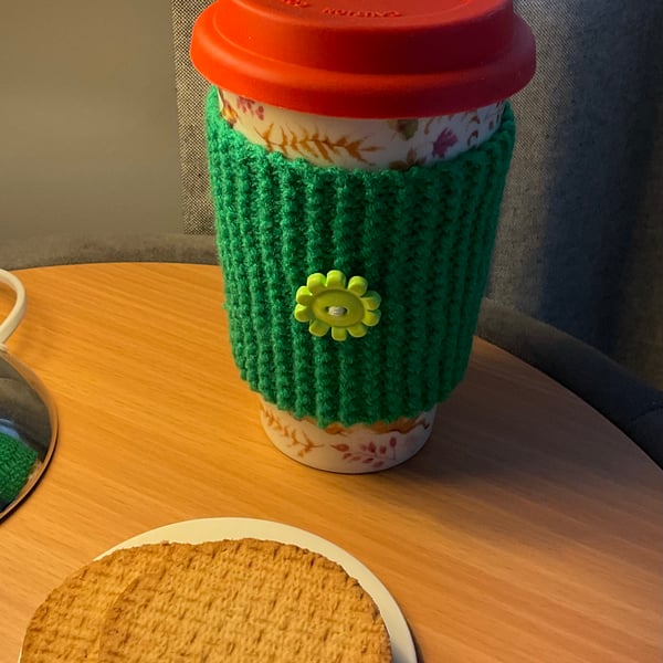 Coffee Cup Cosy Green knitted with Cute decorative Flower Button