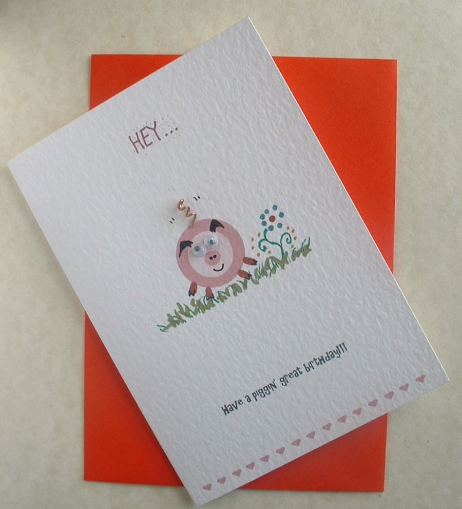 Little Pig Birthday Card with Copper Wire Curly Tail