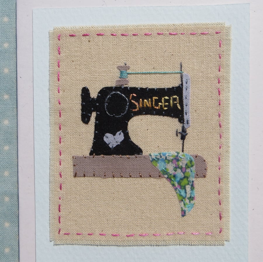 The Old Sewing Machine, intricately hand-stitched miniature textile on card