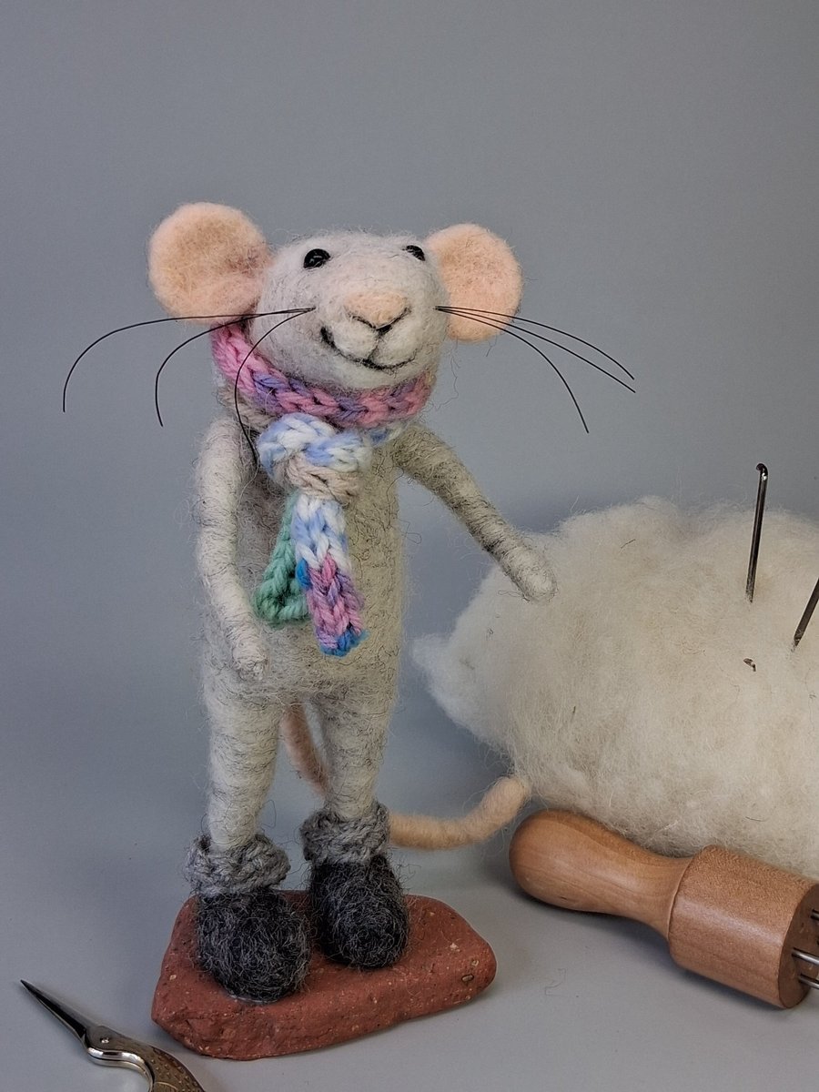 Needle Felted Cosy Grey Mouse - Woollen Decoration 