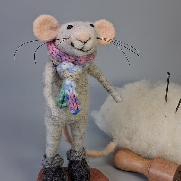 Needle Felted Cosy Grey Mouse - Woollen Decoration 