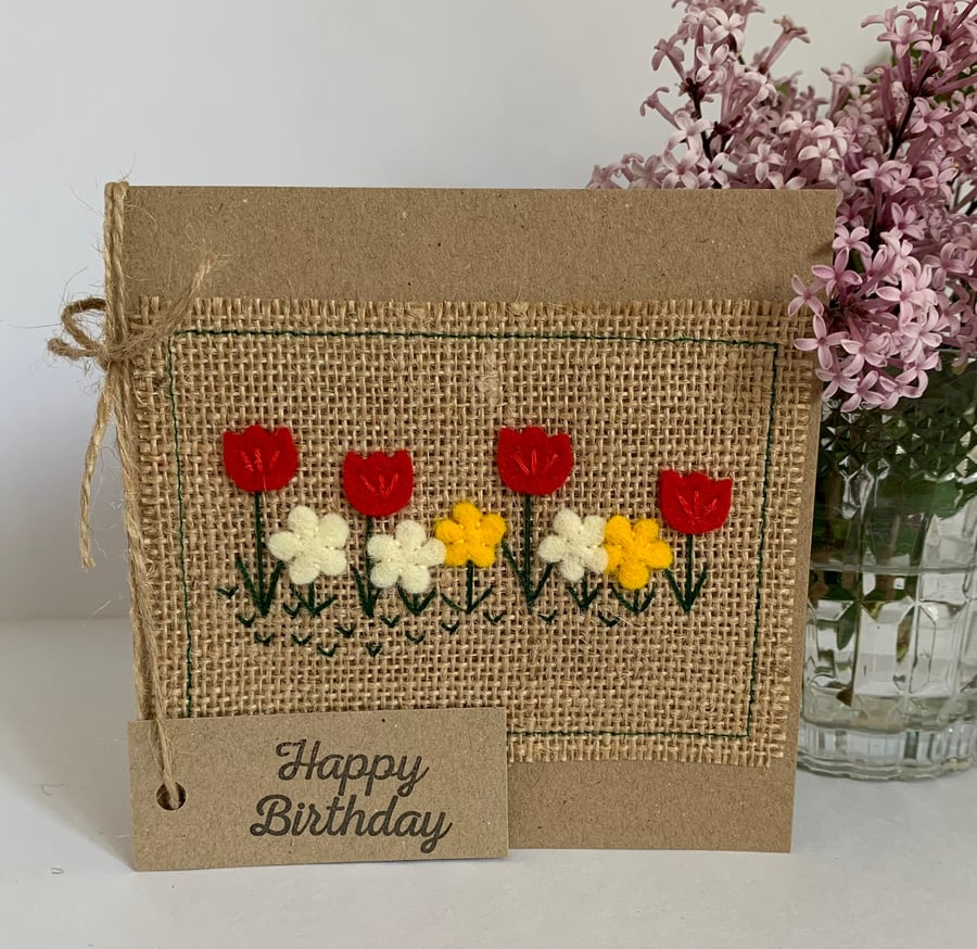 Birthday card. Row of bright coloured flowers. Wool felt. Handmade Card.
