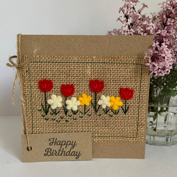 Birthday card. Row of bright coloured flowers. Wool felt. Handmade Card.