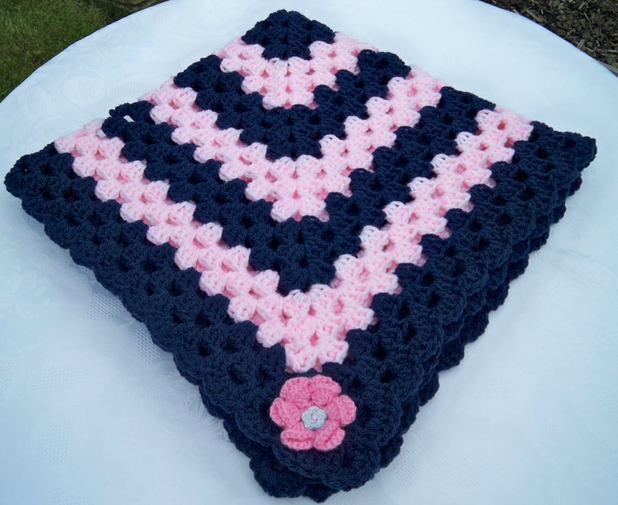 Hand Knitted Crocheted Aran Baby Blanket Navy and Pink 'New' 28 inch square 
