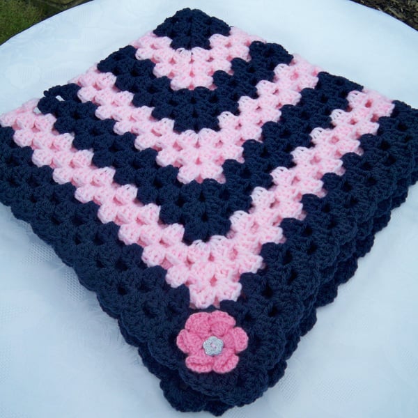 Hand Knitted Crocheted Aran Baby Blanket Navy and Pink 'New' 28 inch square 