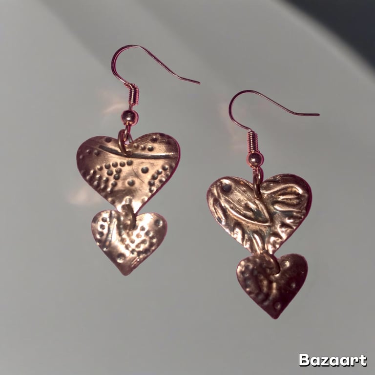 Copper Oxidised Embossed Heart Earrings, 7th Wedding Anniversary Freepost