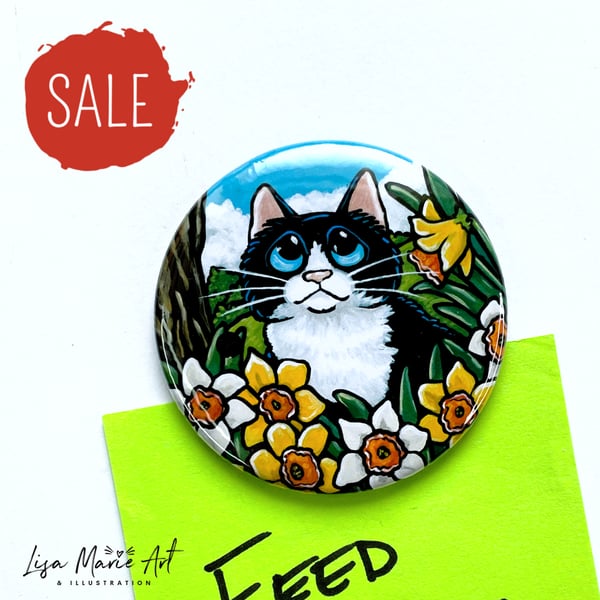 SALE - Tuxedo Cat and Daffodils Fridge Magnet 59mm - PRINT ERROR