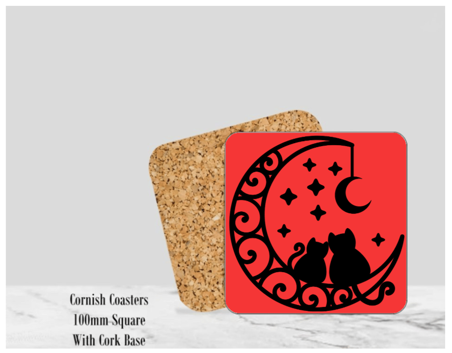 Red Silhouette Cats Coaster 4" Square With Cork Base. -  Design 2