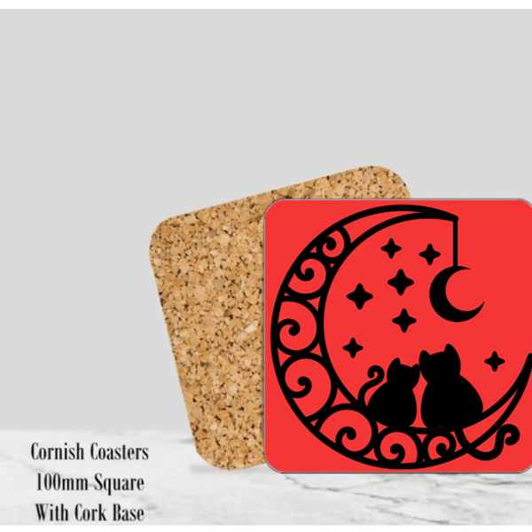 Red Silhouette Cats Coaster 4" Square With Cork Base. -  Design 2