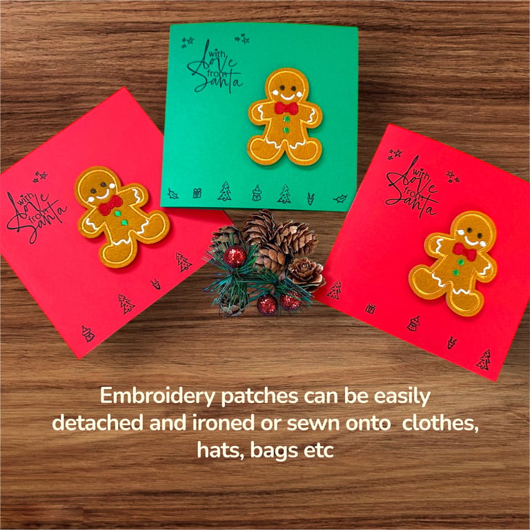 Gingerbread men Christmas cards with detachable iron on patch, fancy insert