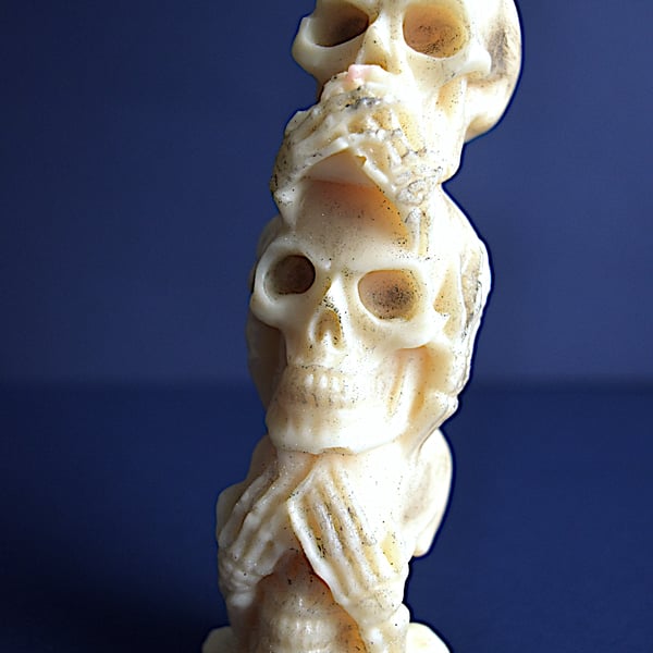 Dark Pumpkin Hear no See no Speak no Evil Skull Pillar Candle