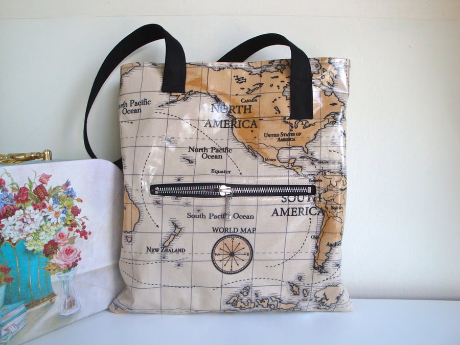 SALE Oilcloth PVC tote - shoulder bag - world map - book bag 