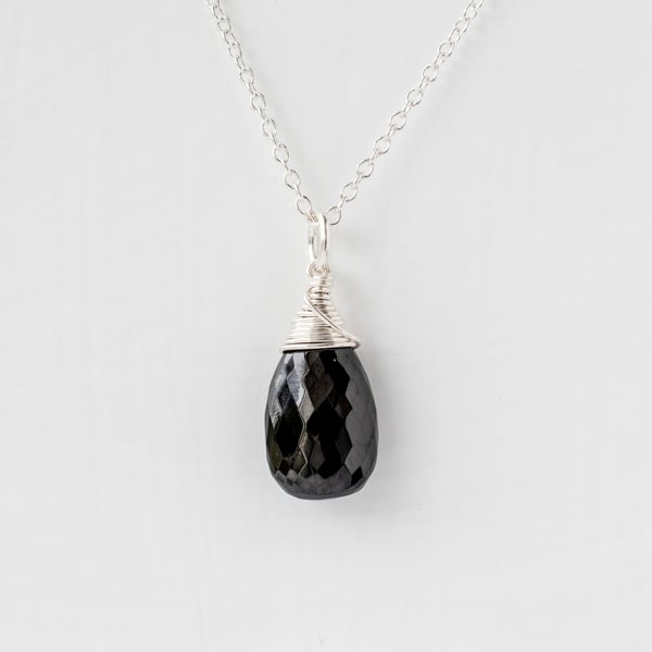 Black Spinel Briolette Pendant on Sterling Silver Chain