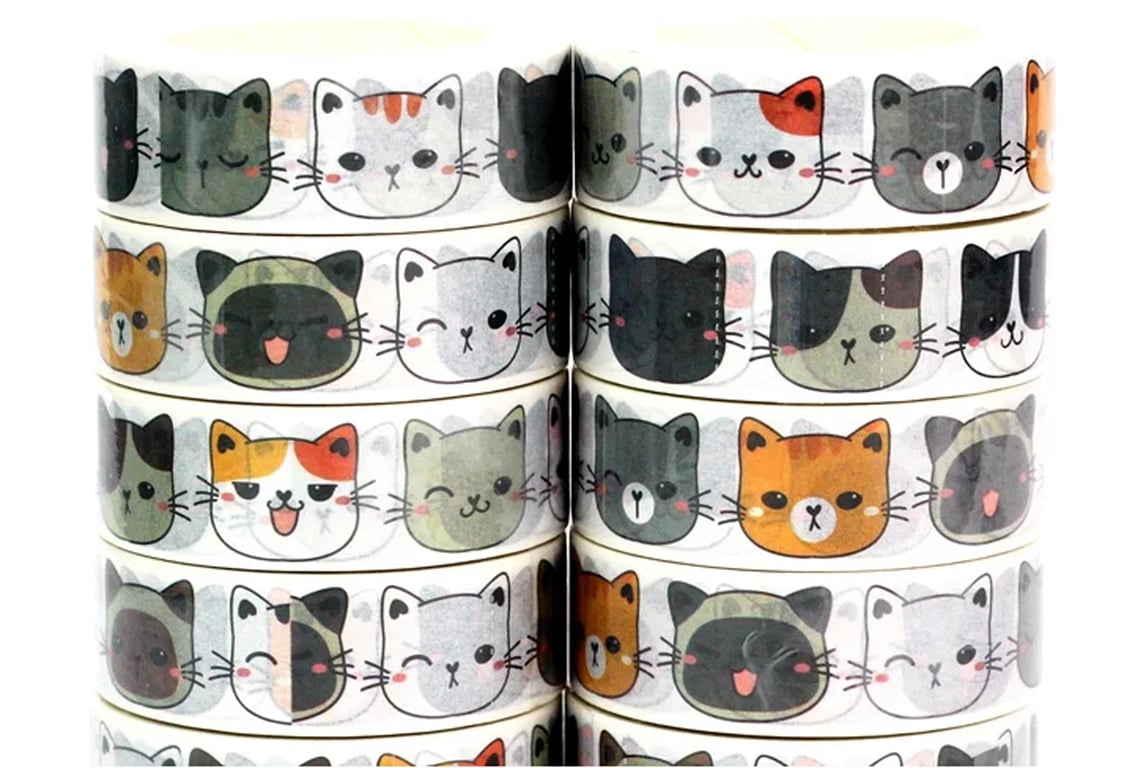 2 x Kitty Cat pattern, Cute kawaii cat face Washi Tape, Decorative Tape 10m