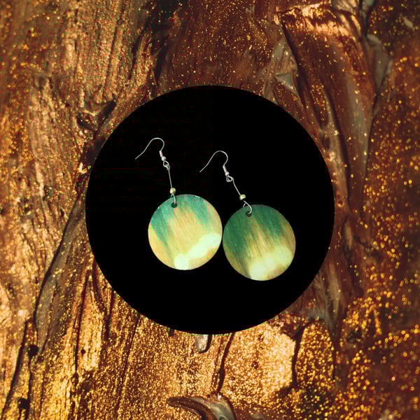 Earrings - Boho style, Dangle, Alcohol Ink on Wood - Gold Plated, Freepost