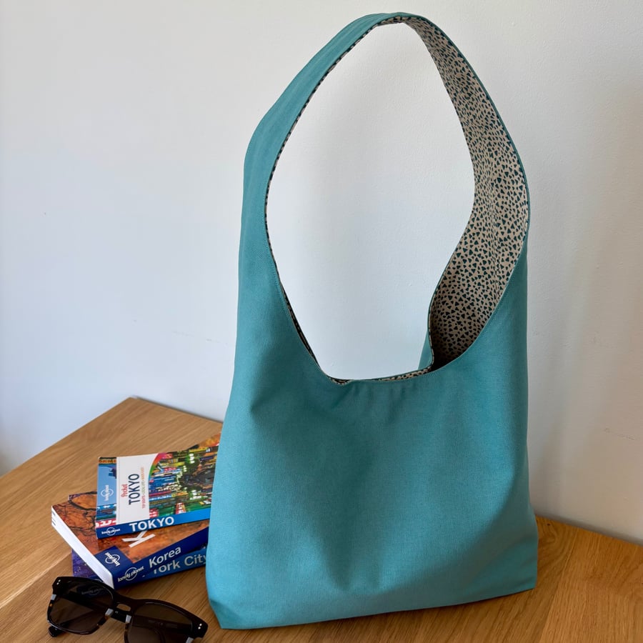 Hobo style shoulder bag, tote bag, turquoise canvas with contrasting lining