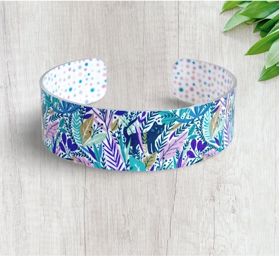 SALE: Cat cuff bracelet, metal bangle with pretty floral foliage. 